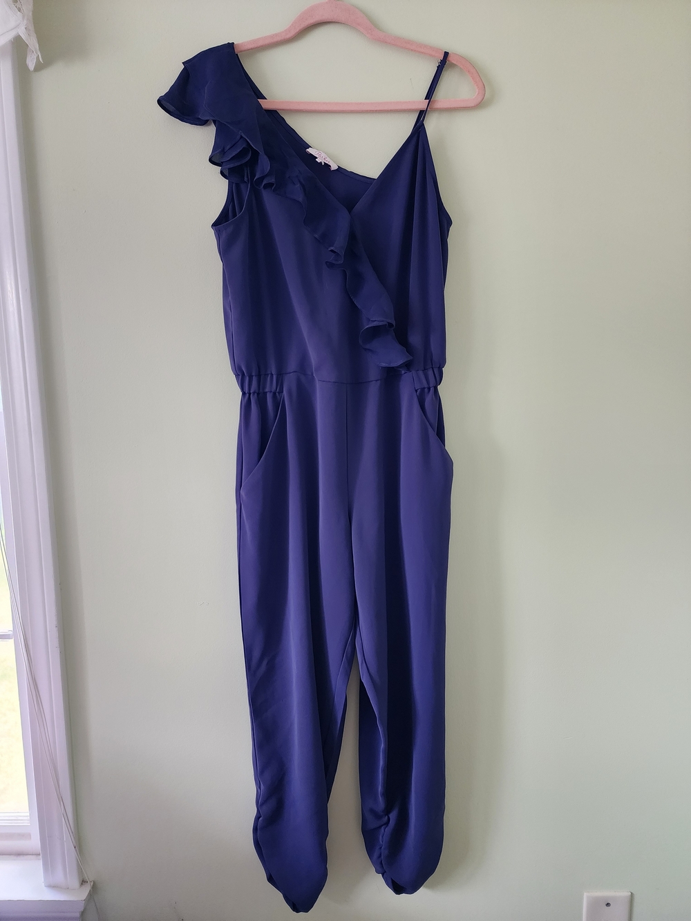 Parker One-Shoulder Ruffle Jumpsuit in Navy